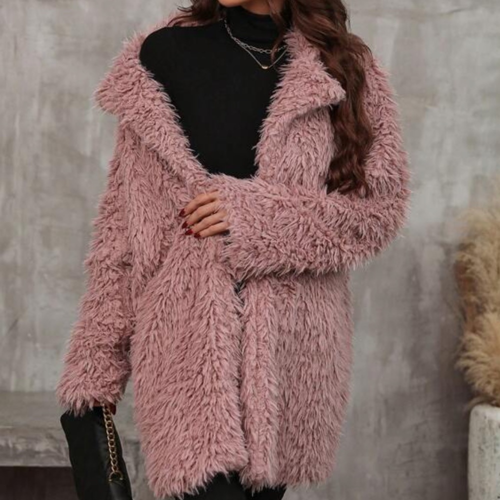 Cozy Pink Fuzzy Open Front Teddy Jacket Coat - Picture 4 of 6